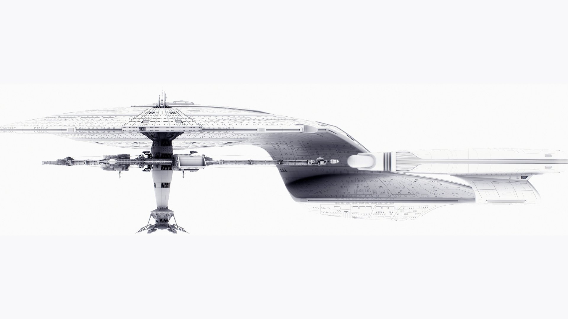 Sci-Fi inspired Star Trek starship rendered in 8K Ultra HD, featuring sleek futuristic design with detailed structures, set against a clean white background as a PC desktop wallpaper.