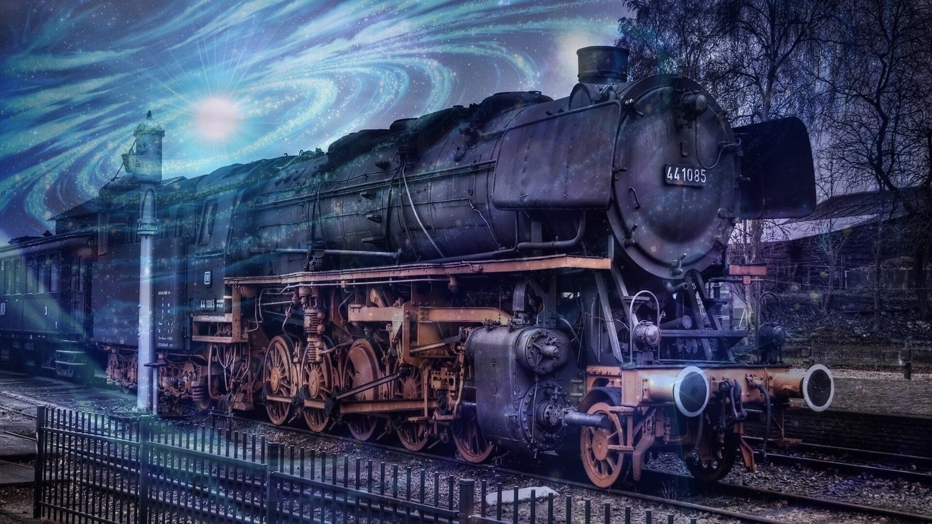 An artistic depiction of a vintage steam train, set against a swirling cosmic background, creating a captivating HD desktop wallpaper and background.
