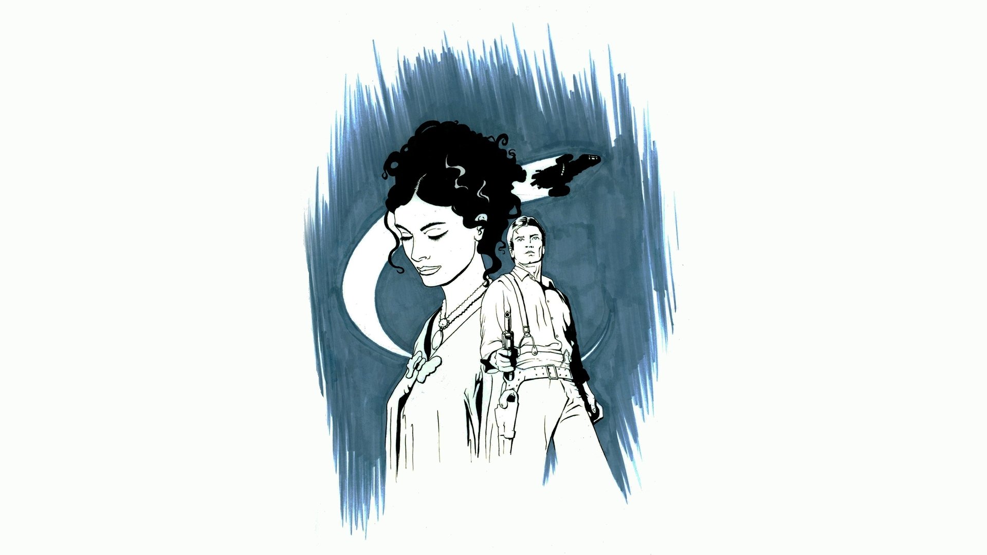 HD PC desktop wallpaper featuring artistic characters from the TV show Firefly, set against a stylized blue and white background.