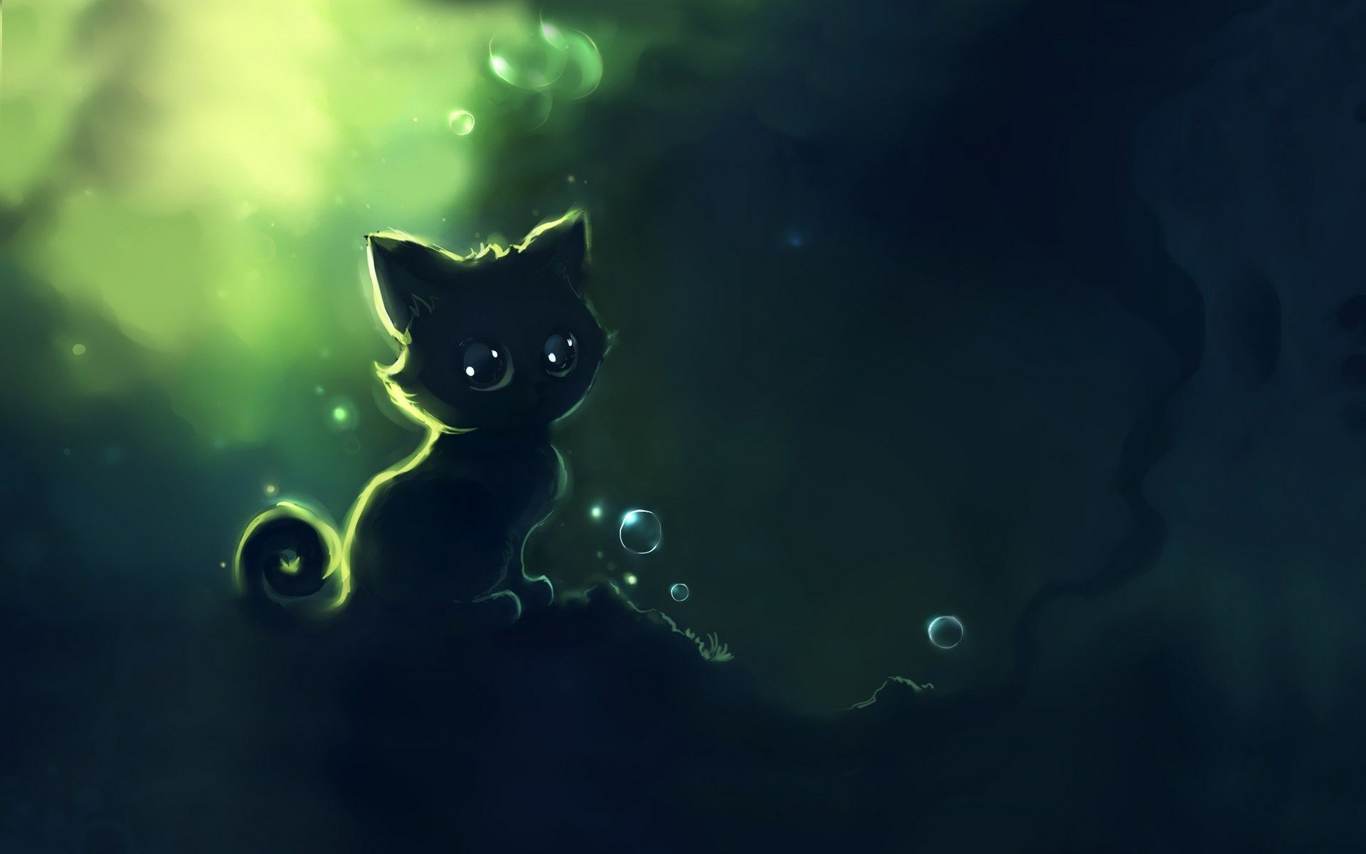 A whimsical illustration of a cat sitting against a dark, ethereal background, highlighted by soft green lighting and floating bubbles, making for a captivating HD desktop wallpaper.