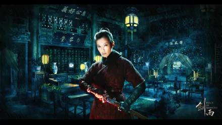 HD PC desktop wallpaper from the movie Reign of Assassins: a female assassin in a teal-lit teahouse grips a red-bladed sword, poised for battle.