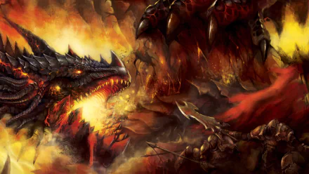 A stunning 8K Ultra HD fantasy wallpaper featuring a fierce dragon surrounded by flames, showcasing an epic battle scene with warriors against a backdrop of intense heat and power.