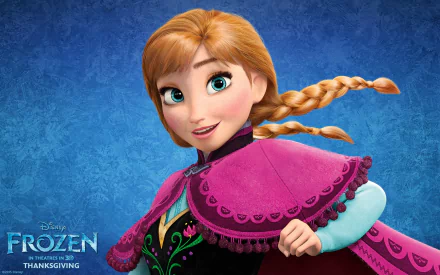 HD desktop wallpaper of Anna from Disney's movie Frozen, featuring her smiling with a braided ponytail against a blue textured background.