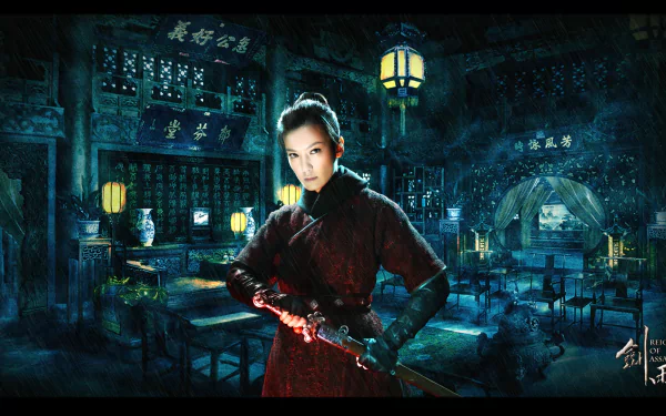 HD PC desktop wallpaper from the movie Reign of Assassins: a female assassin in a teal-lit teahouse grips a red-bladed sword, poised for battle.