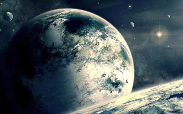 4K Ultra HD sci-fi desktop wallpaper depicting a detailed, textured planet with multiple moons against a starry cosmic background.