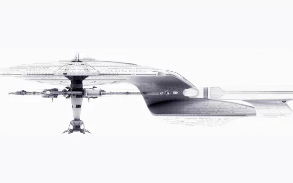 Sci-Fi inspired Star Trek starship rendered in 8K Ultra HD, featuring sleek futuristic design with detailed structures, set against a clean white background as a PC desktop wallpaper.