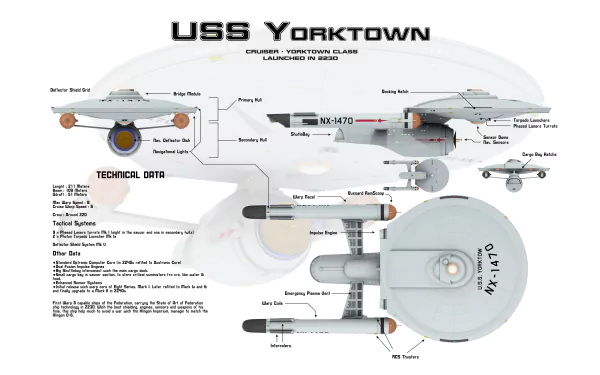 Detailed technical schematic of the USS Yorktown from Star Trek, presented as an 8K Ultra HD sci-fi desktop wallpaper and background.