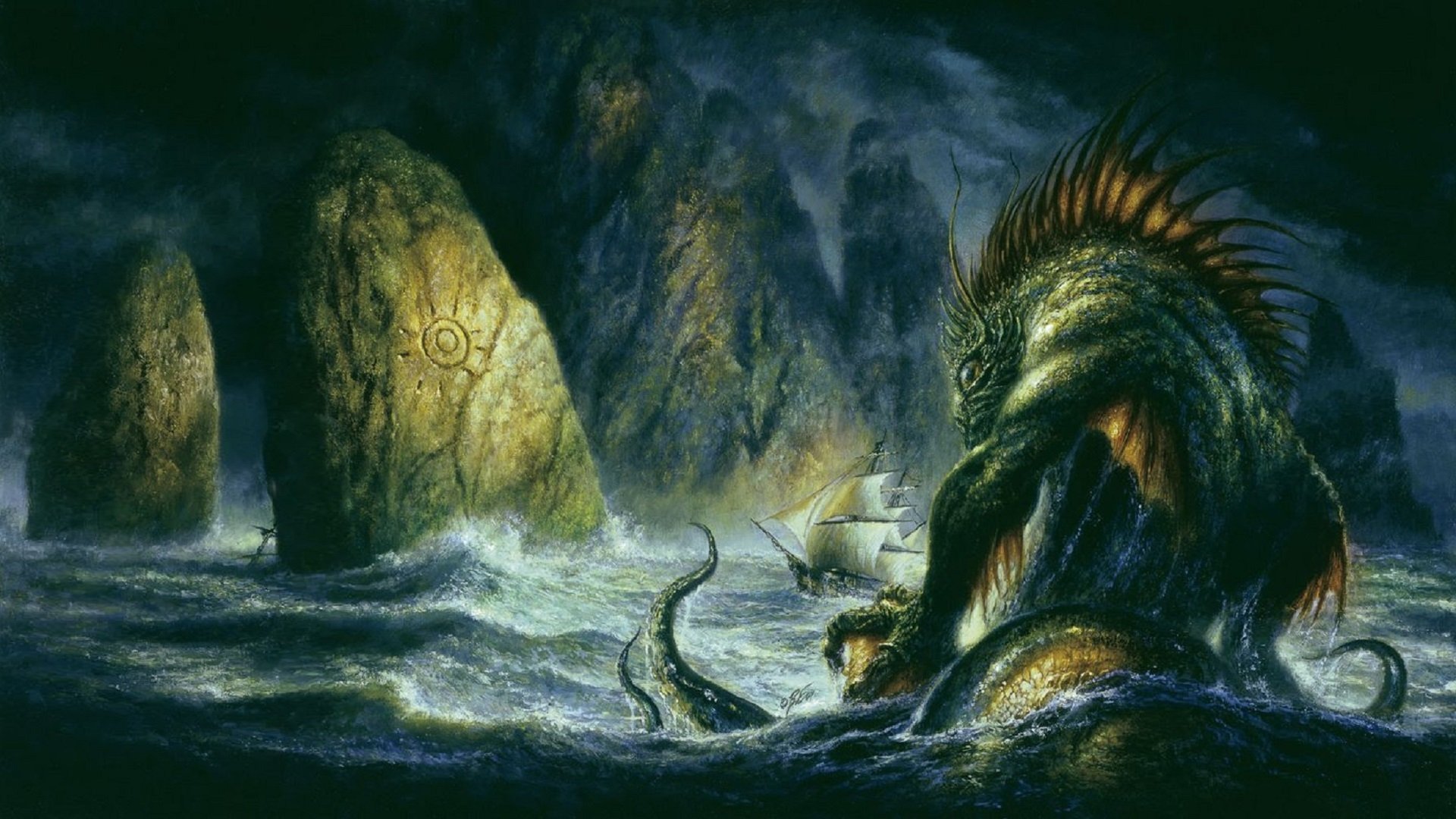 HD PC desktop wallpaper: fantasy scene of Cthulhu rising from stormy seas, tentacles and fins crushing waves near rune-marked sea arches.