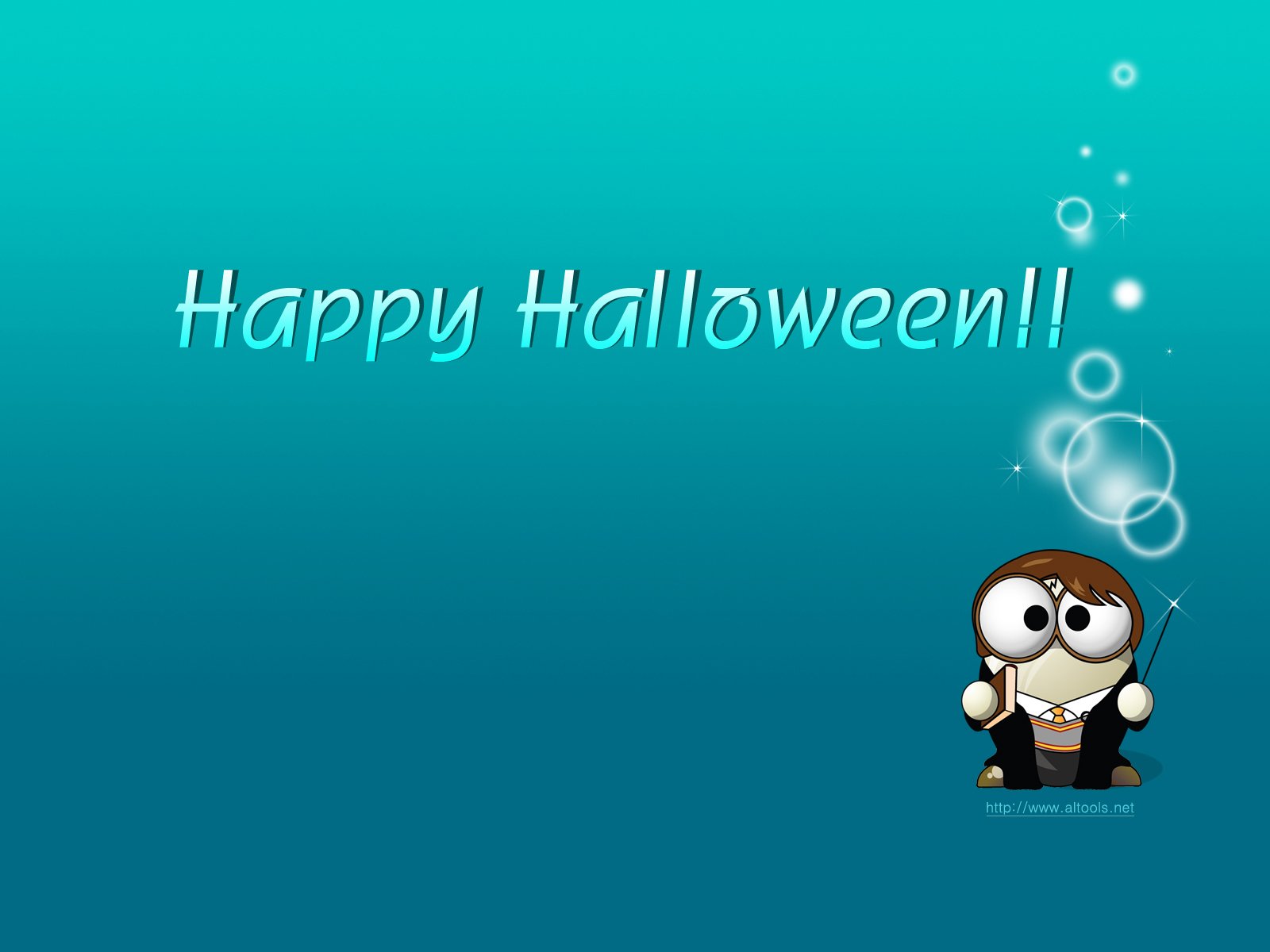 HD PC desktop wallpaper featuring a cute cartoon owl in a wizard costume with Happy Halloween!! text on a teal background for the Halloween holiday.