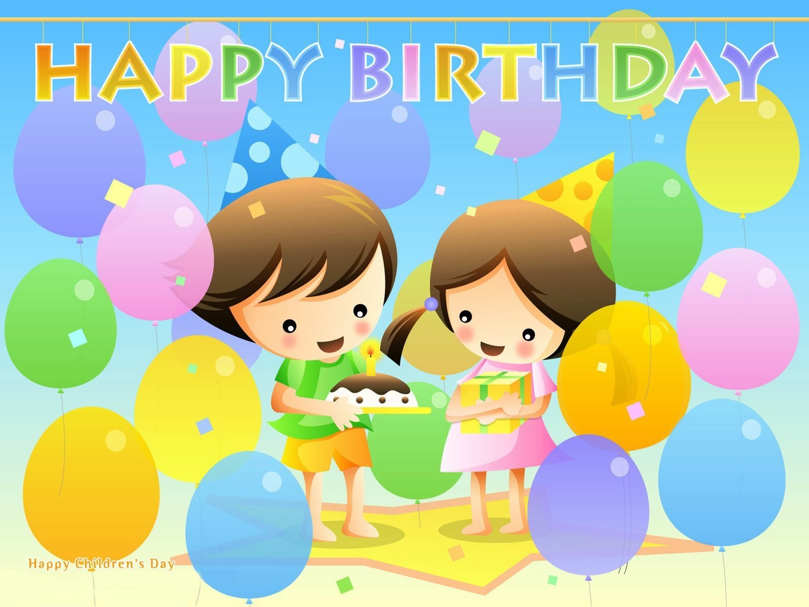 A cheerful HD wallpaper featuring two children celebrating a birthday, surrounded by colorful balloons and a festive Happy Birthday greeting.