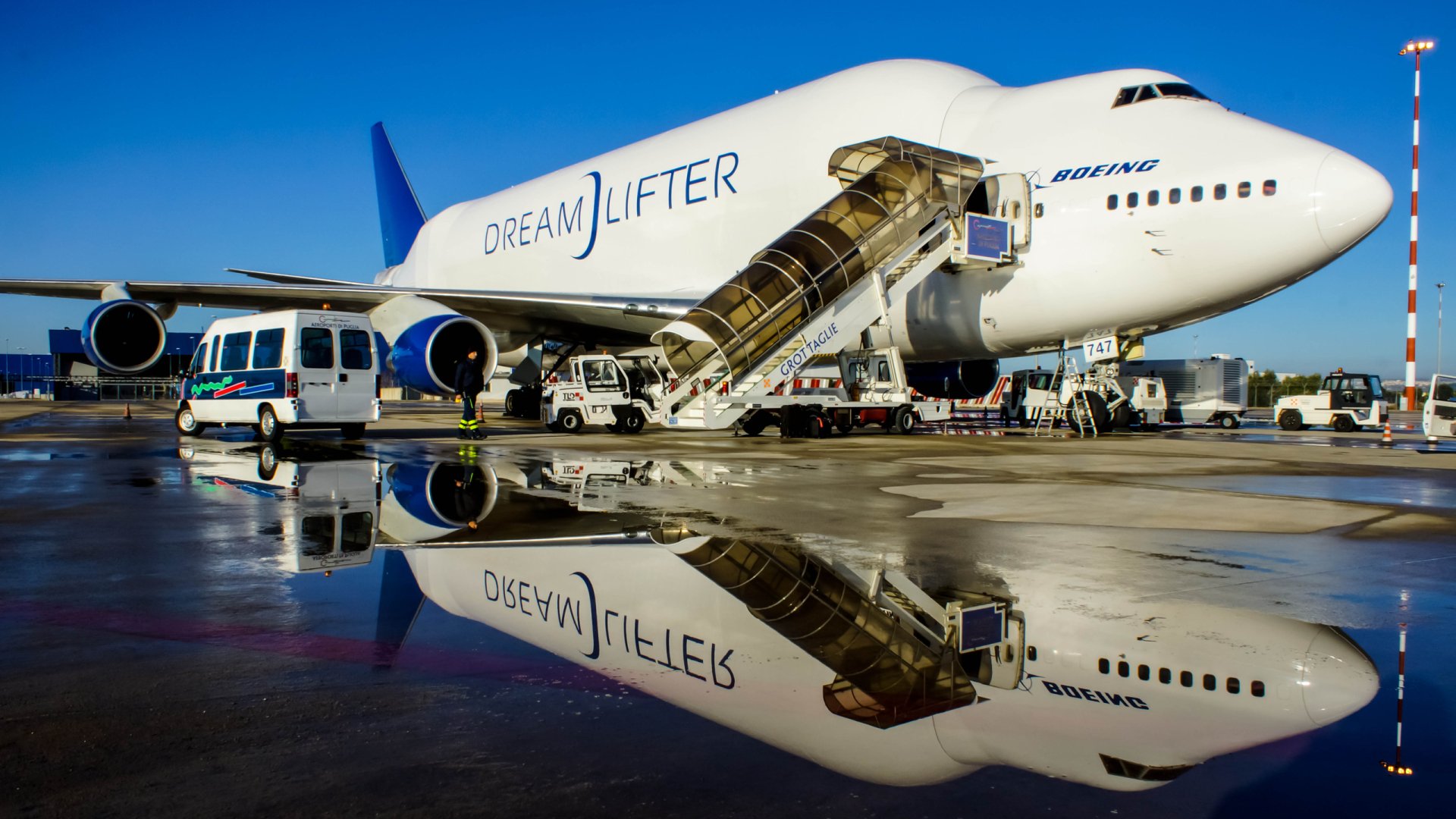 Boeing 747 Dreamlifter aircraft parked on wet tarmac, reflecting clearly below; a large cargo plane known as Dreamlifter, captured in sharp HD desktop wallpaper quality.