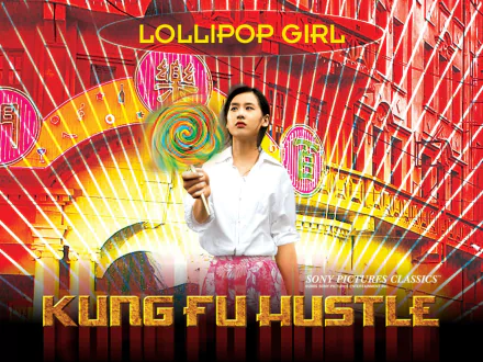 HD PC desktop wallpaper from the movie Kung Fu Hustle: the Lollipop Girl in a white blouse holding a giant colorful lollipop against a vibrant red-and-gold poster-style background.