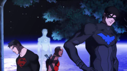 HD desktop wallpaper featuring Young Justice characters Wally West (Kid Flash), Dick Grayson (Nightwing), Conner Kent (Superboy), and Aqualad in a cosmic background.