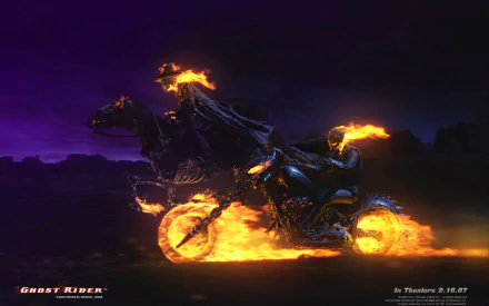 HD desktop wallpaper featuring Ghost Rider riding a flaming motorcycle alongside a ghostly horseman against a dramatic, fiery backdrop.