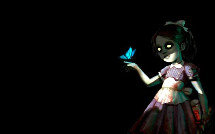 HD PC desktop wallpaper from the video game Bioshock featuring a glowing-eyed girl holding a blue butterfly against a dark background.