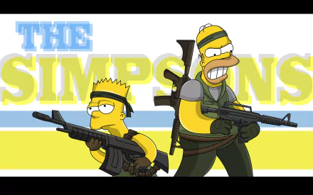 HD desktop wallpaper featuring Homer and Bart Simpson from the TV show The Simpsons, armed and dressed in combat gear, posed against a background with The Simpsons text.