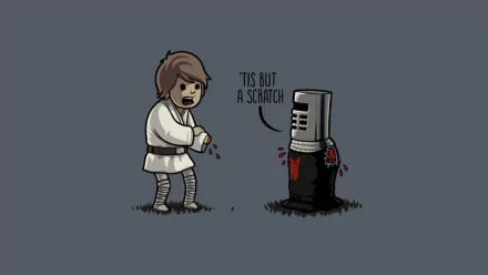 In a humorous mashup of Star Wars and Monty Python, a young Jedi cheerfully declares, 'Tis but a scratch, while interacting with a battered robot on a gray background.