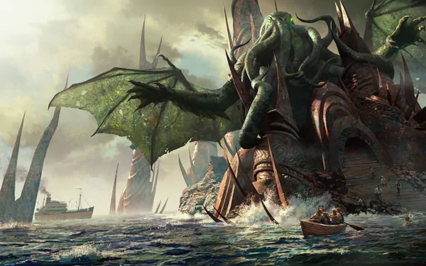 HD PC desktop wallpaper depicting a fantasy ocean scene with a colossal Cthulhu rising from the waters beside a ship and rocky shore.