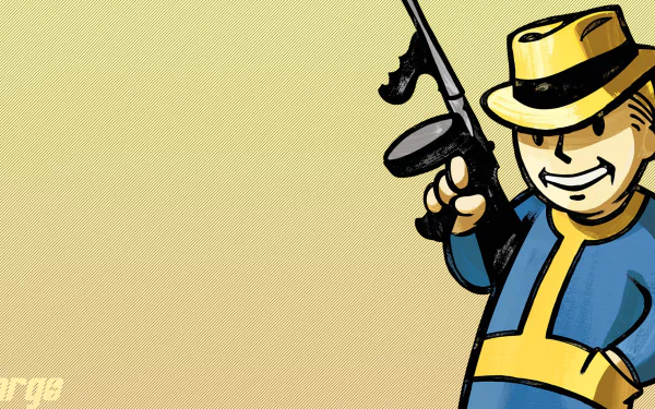 HD PC desktop wallpaper featuring Fallout 3's Vault Boy character holding a weapon, set against a textured yellow background.