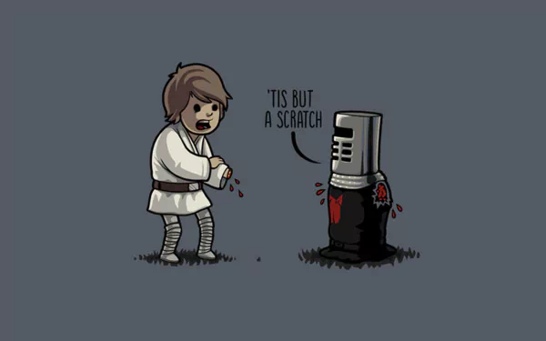 In a humorous mashup of Star Wars and Monty Python, a young Jedi cheerfully declares, 'Tis but a scratch, while interacting with a battered robot on a gray background.