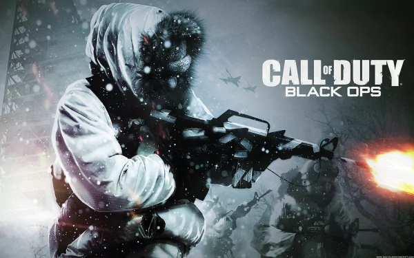 A striking HD wallpaper from Call of Duty: Black Ops, featuring a soldier in winter gear, holding a weapon against a snowy backdrop and intense action elements.