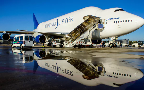 Boeing 747 Dreamlifter aircraft parked on wet tarmac, reflecting clearly below; a large cargo plane known as Dreamlifter, captured in sharp HD desktop wallpaper quality.