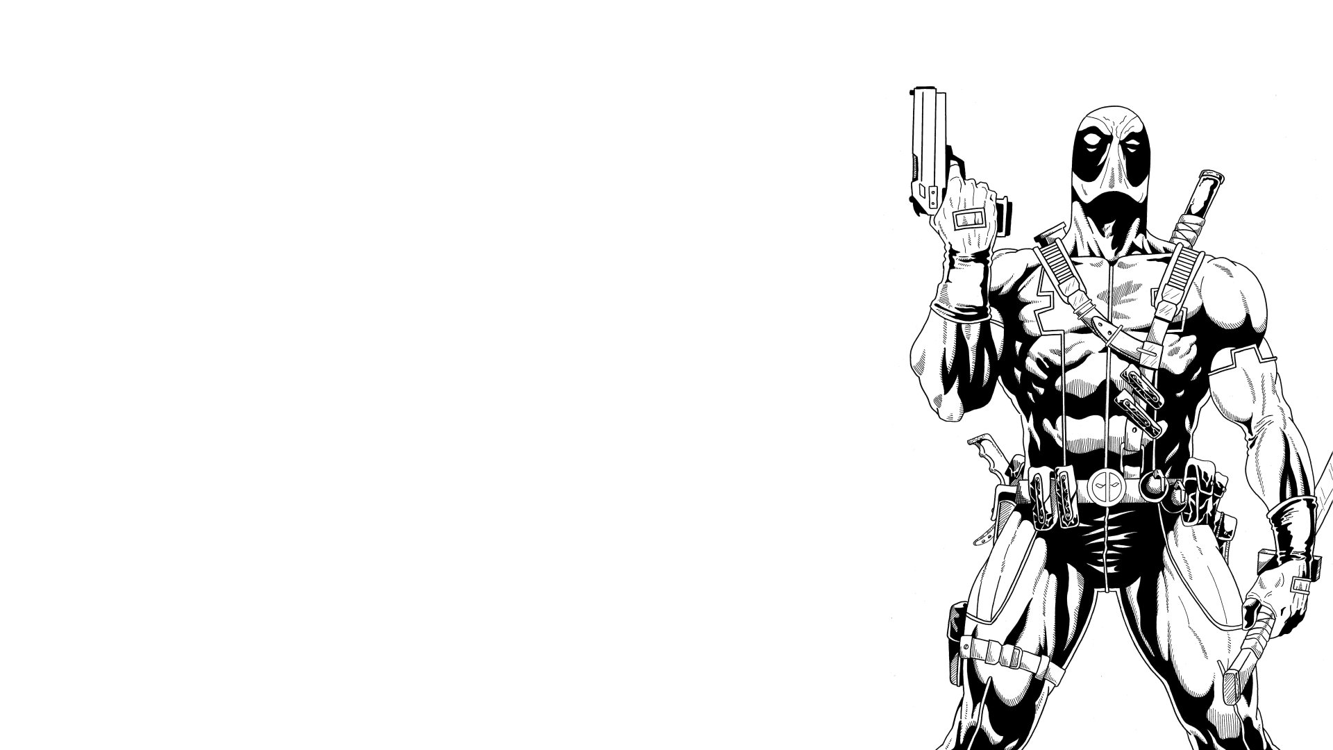 Black-and-white comic-style Deadpool at the right edge, armed with pistols and katanas against expansive white space — 8K Ultra HD PC desktop wallpaper background.