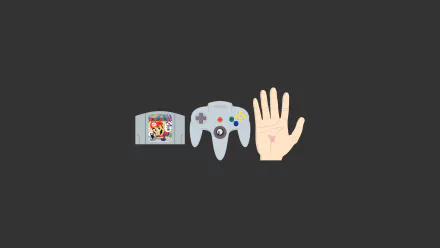 HD wallpaper featuring a Nintendo 64 game cartridge, controller, and hand icon on a dark background.