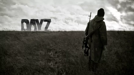 A dramatic black-and-white scene from the video game DayZ, featuring a lone figure with a rifle standing in a vast field, with the iconic game title looming in the background.