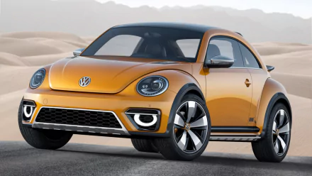 Orange 2014 Volkswagen Beetle Dune concept vehicle in a desert setting, HD PC desktop wallpaper background showcasing rugged, modern off-road styling and LED accents.