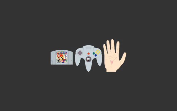 HD wallpaper featuring a Nintendo 64 game cartridge, controller, and hand icon on a dark background.