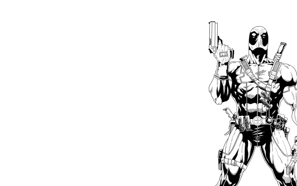 Black-and-white comic-style Deadpool at the right edge, armed with pistols and katanas against expansive white space — 8K Ultra HD PC desktop wallpaper background.