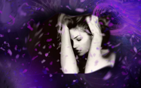 HD desktop wallpaper featuring a stylized image of celebrity Cindy Crawford surrounded by purple and black abstract effects.
