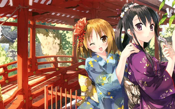HD anime wallpaper featuring two cute characters in Japanese attire, smiling, with long and short hair, in a scenic traditional red pavilion setting.