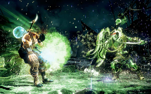 Dynamic HD wallpaper depicting a battle scene from the video game Killer Instinct, featuring two characters engaged in an intense fight amidst dramatic effects.