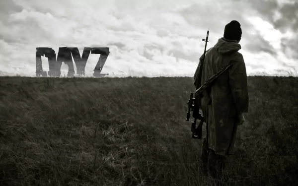 A dramatic black-and-white scene from the video game DayZ, featuring a lone figure with a rifle standing in a vast field, with the iconic game title looming in the background.