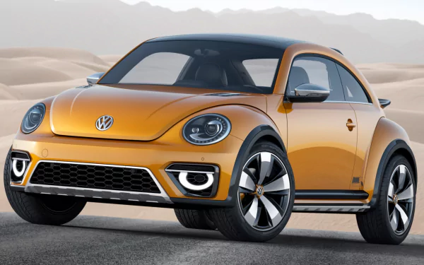 Orange 2014 Volkswagen Beetle Dune concept vehicle in a desert setting, HD PC desktop wallpaper background showcasing rugged, modern off-road styling and LED accents.