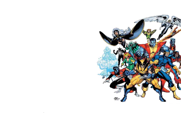 HD PC desktop wallpaper featuring Marvel Comics' X-Men characters including Cyclops, Wolverine, Nightcrawler, Angel, and Colossus in a dynamic group pose.