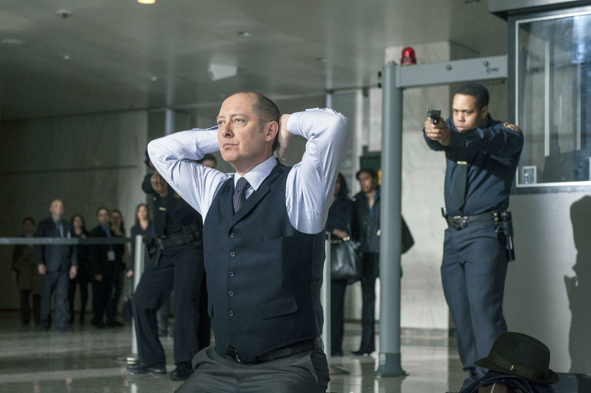 James Spader in a tense scene from the TV show The Blacklist, featured in an HD PC desktop wallpaper and background.