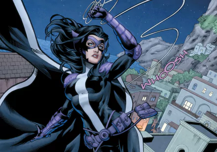 Huntress from DC Comics poses dynamically against a night skyline, ready for action. This HD wallpaper captures her fierce spirit and vibrant comic style.