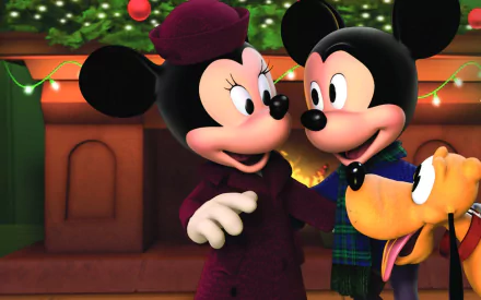 HD desktop wallpaper featuring Mickey Mouse and Minnie Mouse in a cozy, festive setting with Christmas decorations in the background.
