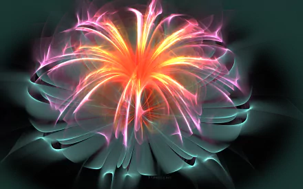 A vibrant fractal art flower glowing with fiery orange and pink flame-like petals against a dark background, designed as an HD PC desktop wallpaper.