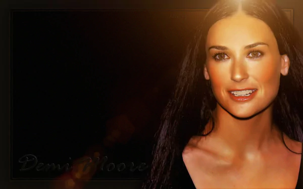HD PC desktop wallpaper featuring a close-up portrait of celebrity Demi Moore against a dark, softly lit background.