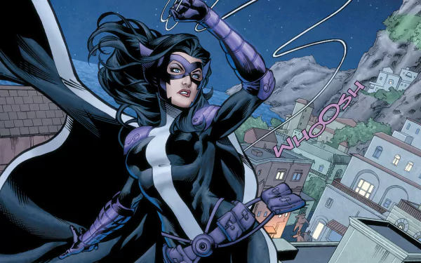 Huntress from DC Comics poses dynamically against a night skyline, ready for action. This HD wallpaper captures her fierce spirit and vibrant comic style.