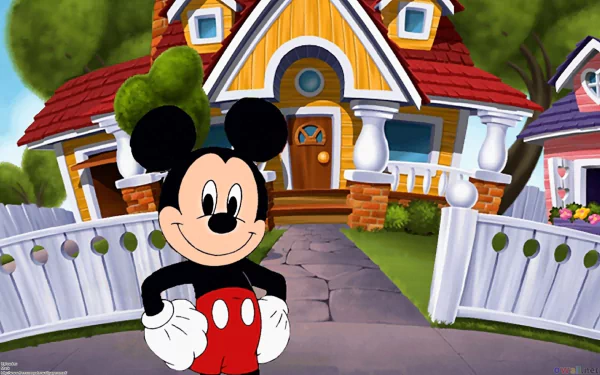 HD wallpaper featuring Mickey Mouse standing in front of his colorful house from a Disney movie.