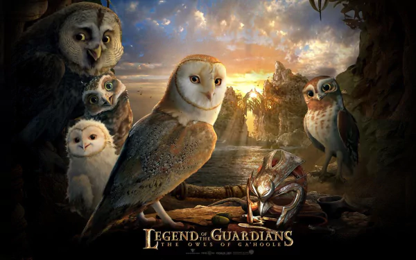 A vibrant HD wallpaper from Legend of the Guardians: The Owls of Ga'Hoole, featuring a group of owls against a stunning sunset backdrop, capturing the film's enchanting atmosphere.