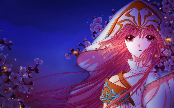 Kobato stands under cherry blossoms at night, with long pink hair and pink eyes filled with tears, conveying a deep sadness in this HD anime wallpaper.