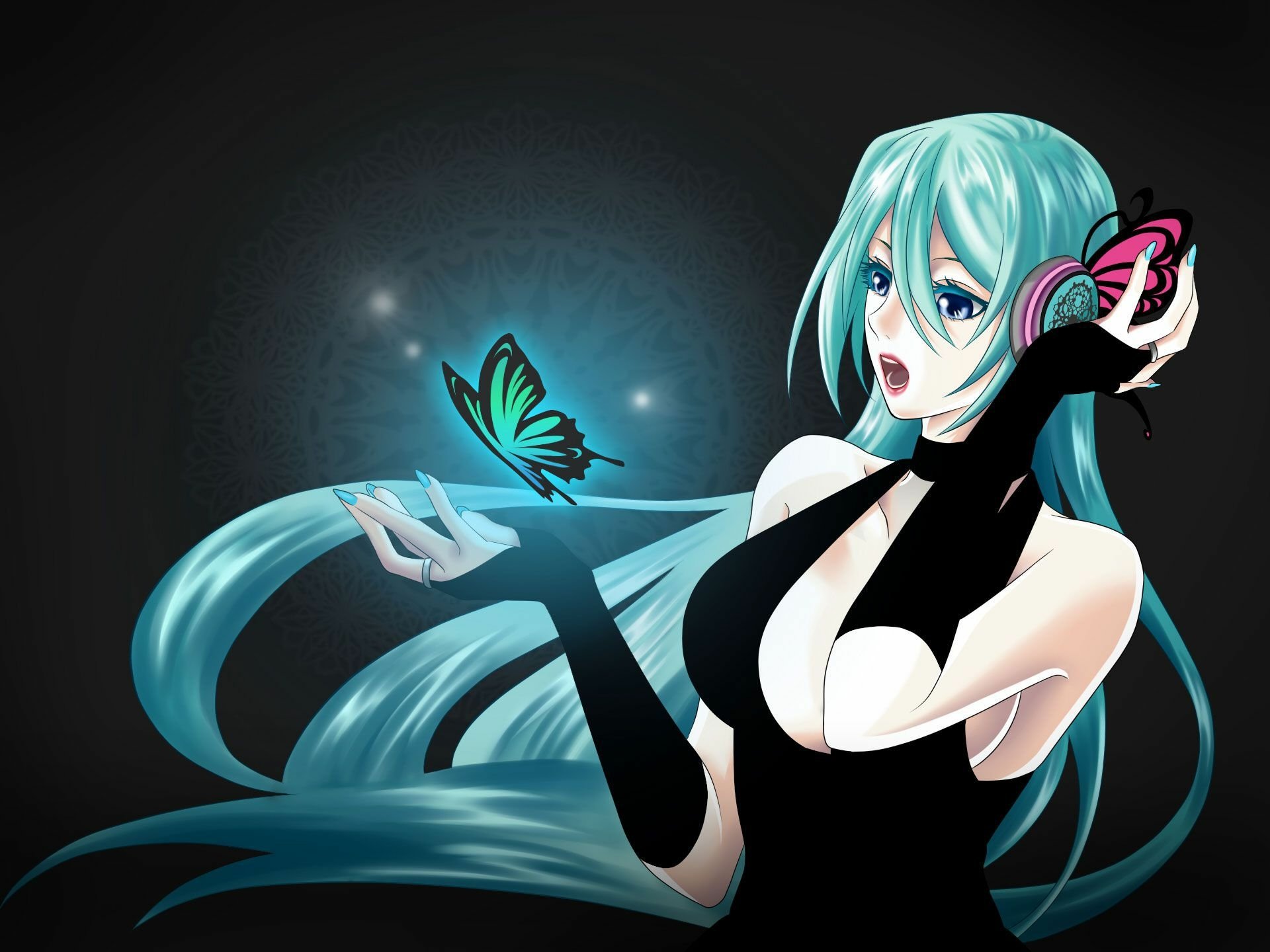 HD wallpaper featuring Hatsune Miku from Vocaloid, showcasing her vibrant turquoise hair and a butterfly, set against a dark background with ethereal lighting.