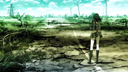 HD anime desktop wallpaper featuring a character from Coppelion standing on a cracked, overgrown road with a distant cityscape under a greenish sky.