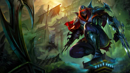 HD desktop wallpaper of Zed from League of Legends, poised in a dynamic stance with Ionia's landscape in the background.